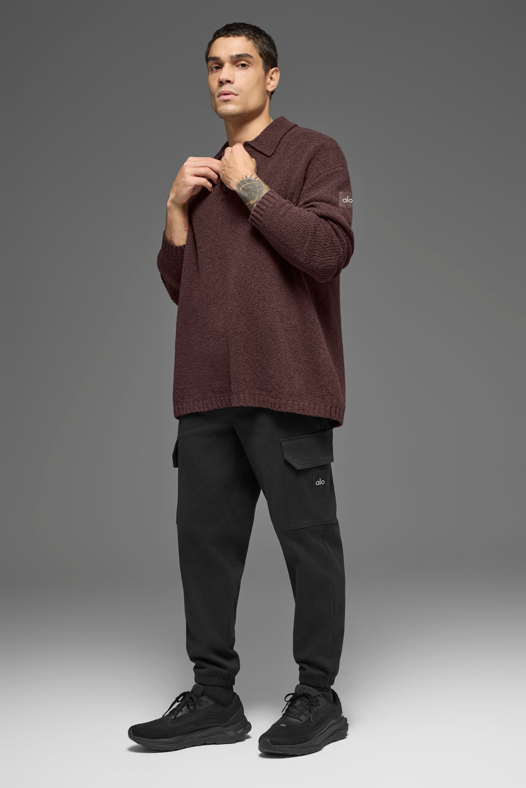 Textured Knit Long Sleeve Polo - Brownstone