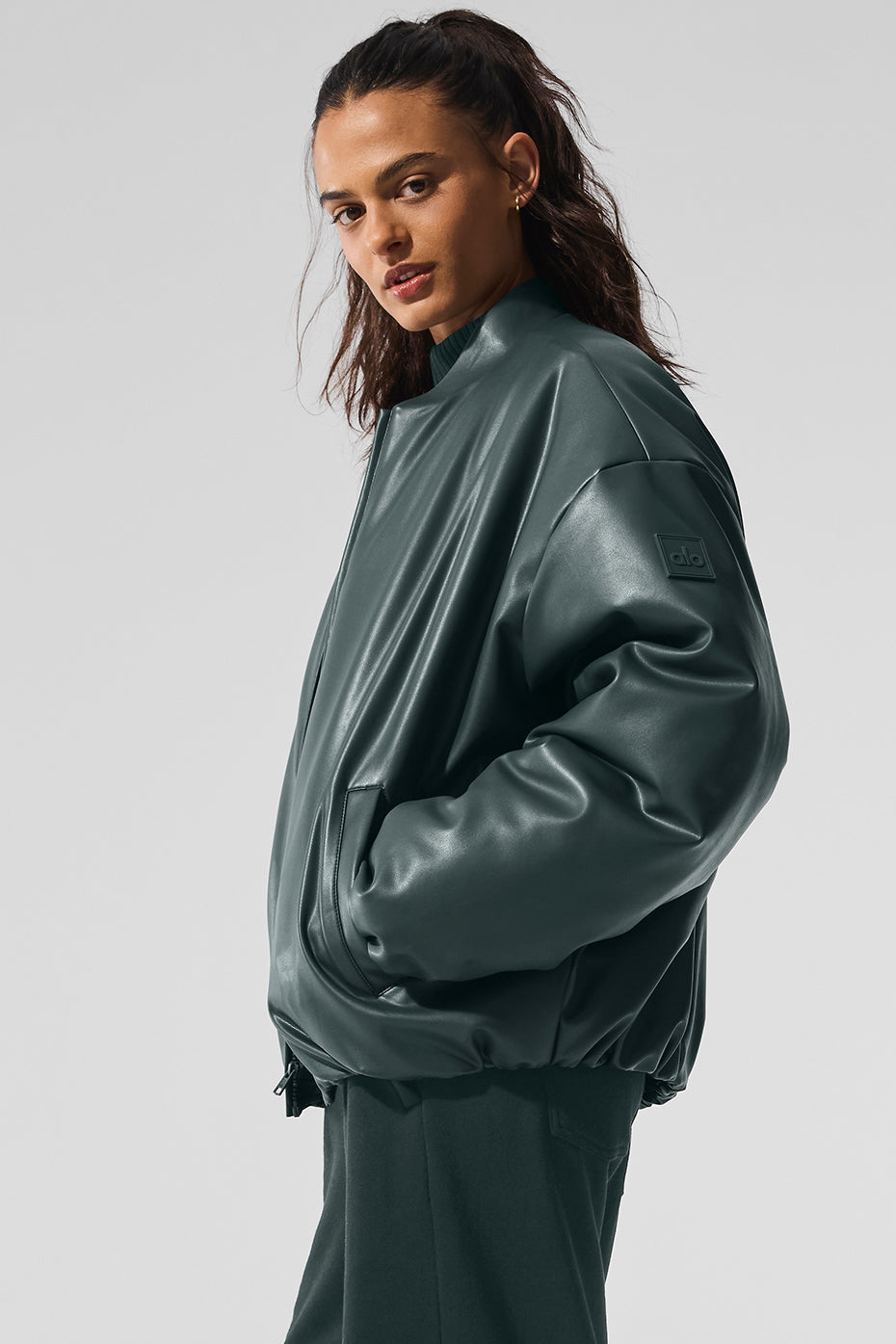 Faux Leather Premier Bomber - Charcoal Green