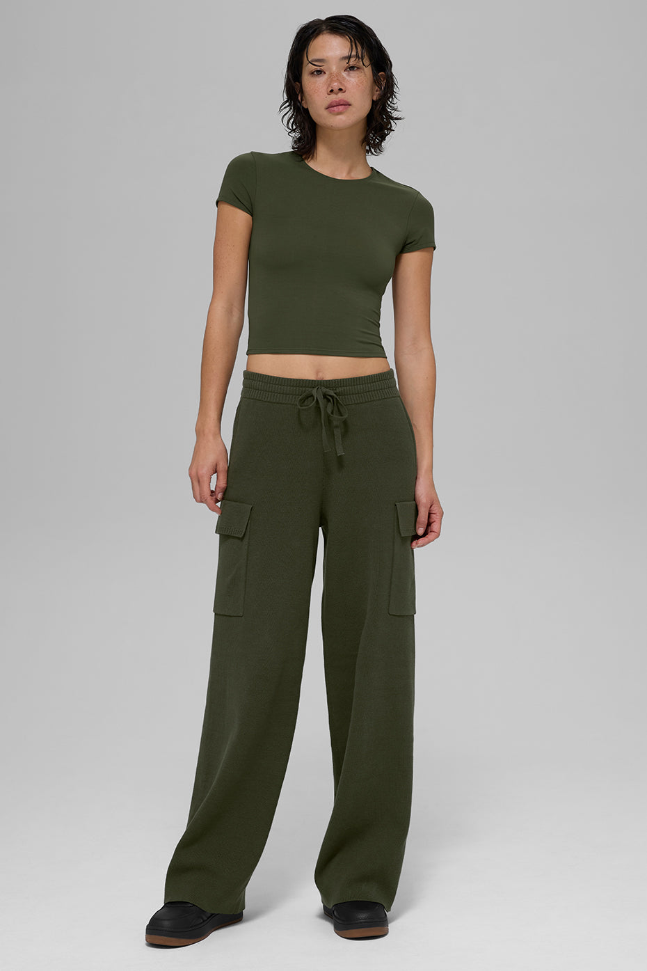 Scholar Knit High-Waist Cargo Pant - Green Olive