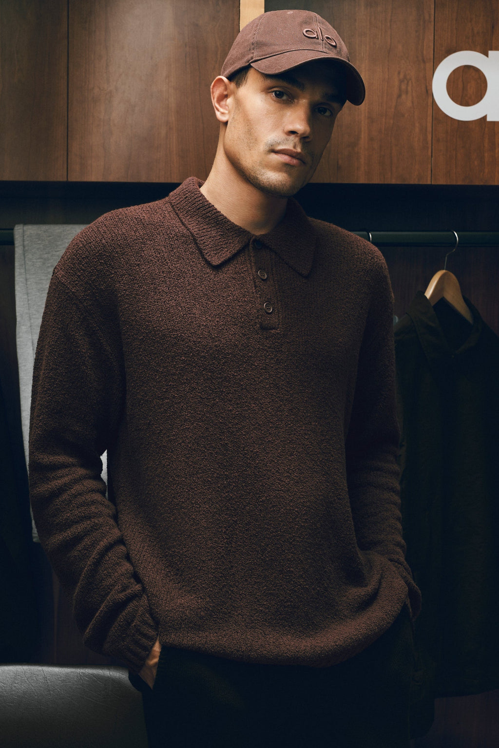 Textured Knit Long Sleeve Polo - Brownstone