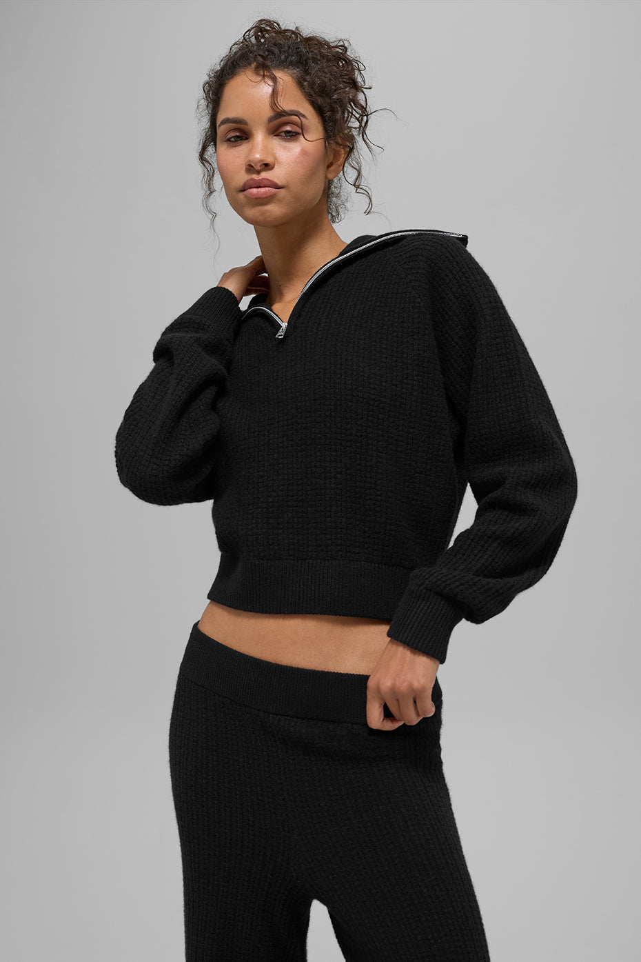 Cashmere Plush Waffle 1/4 Zip Pullover - Black
