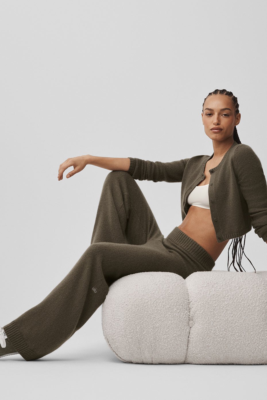 Wool Cashmere High-Waist New Class Wide Leg Pant - Olive Tree