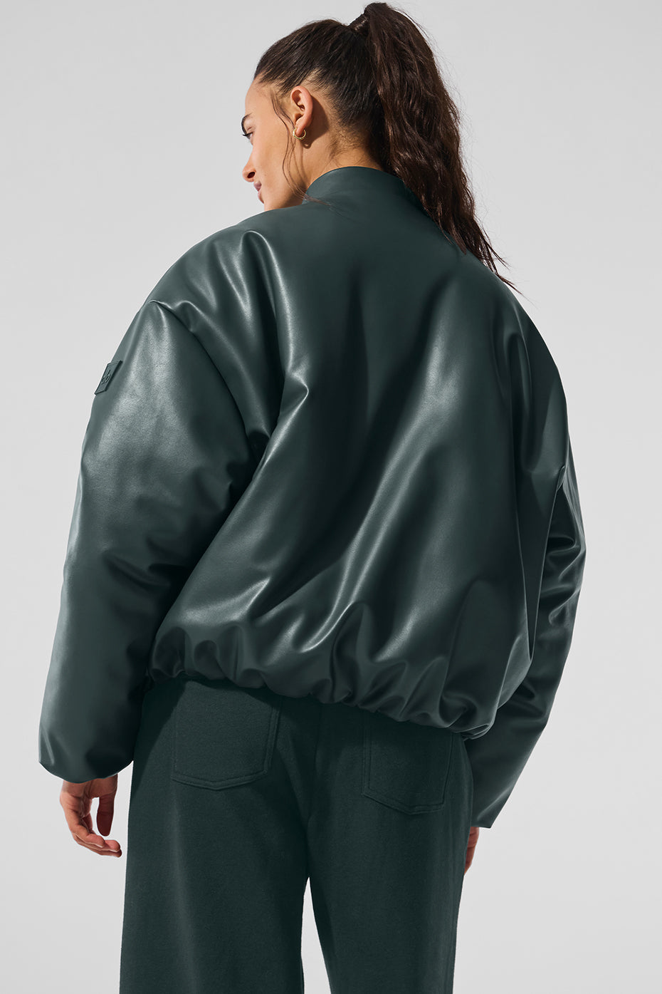 Faux Leather Premier Bomber - Charcoal Green