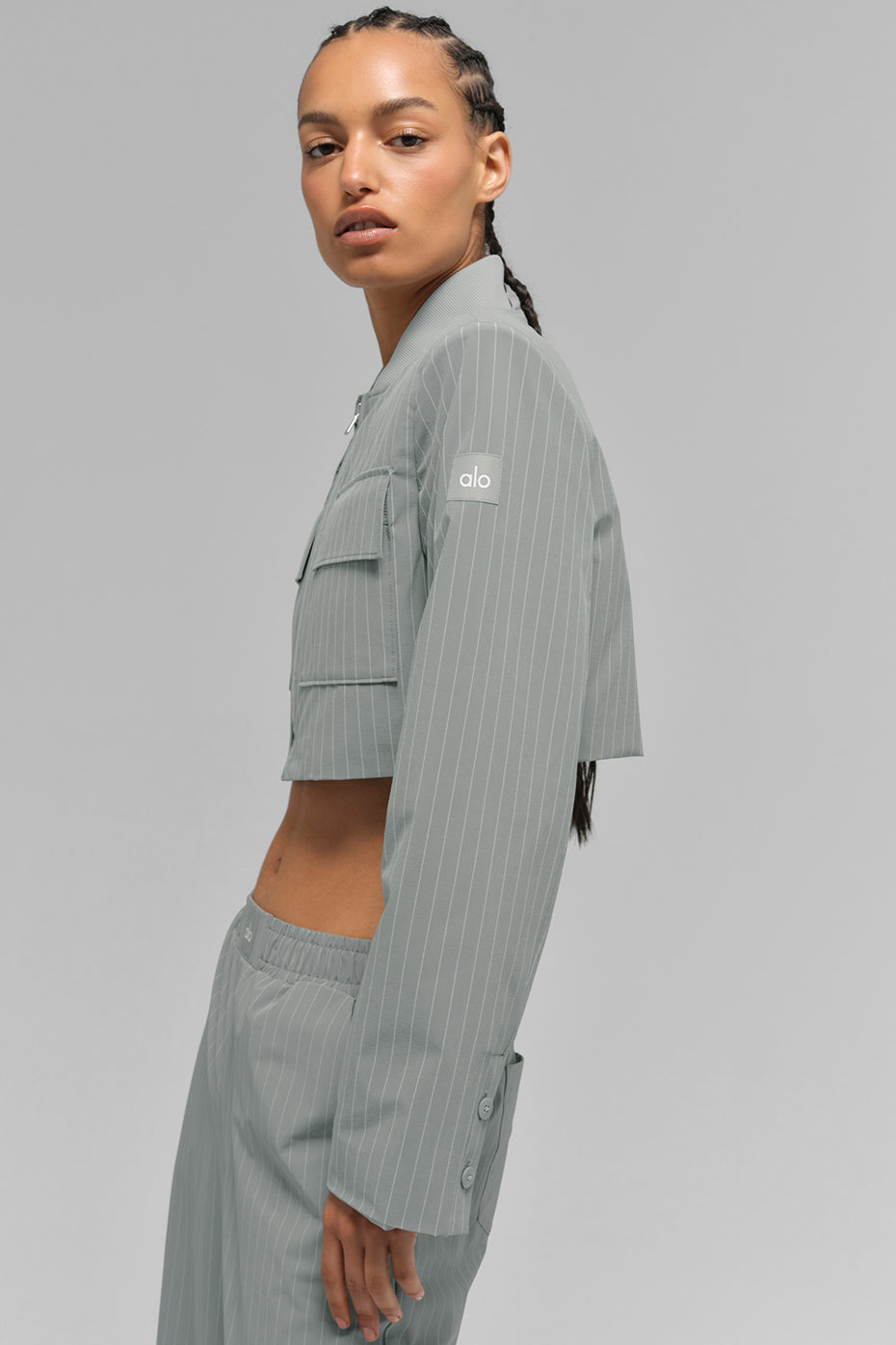 Cropped Pinstripe Main Character Full Zip Jacket - Lunar Grey/White