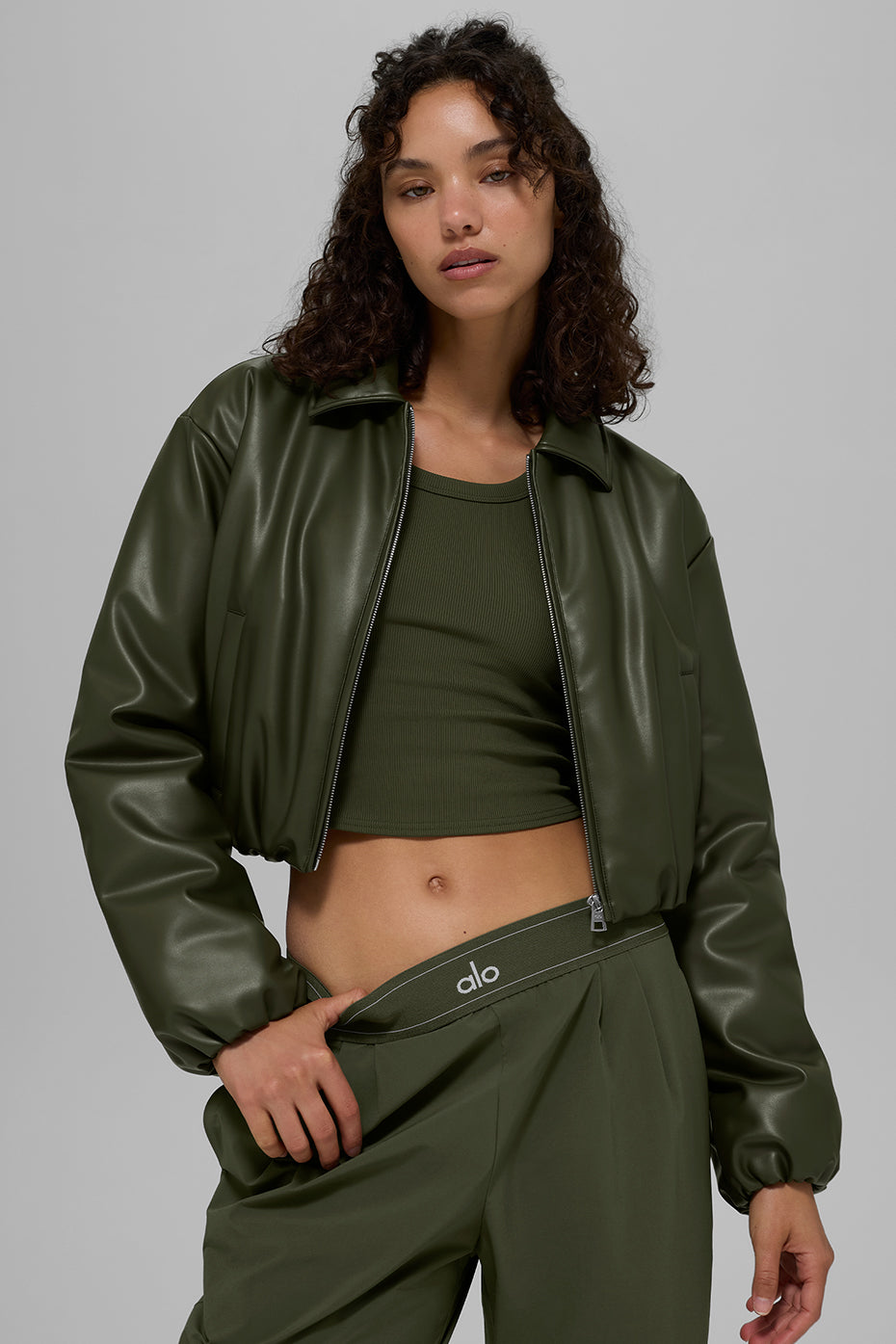 Faux Leather Cropped Premier Bomber - Green Olive