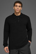Textured Knit Long Sleeve Polo - Black